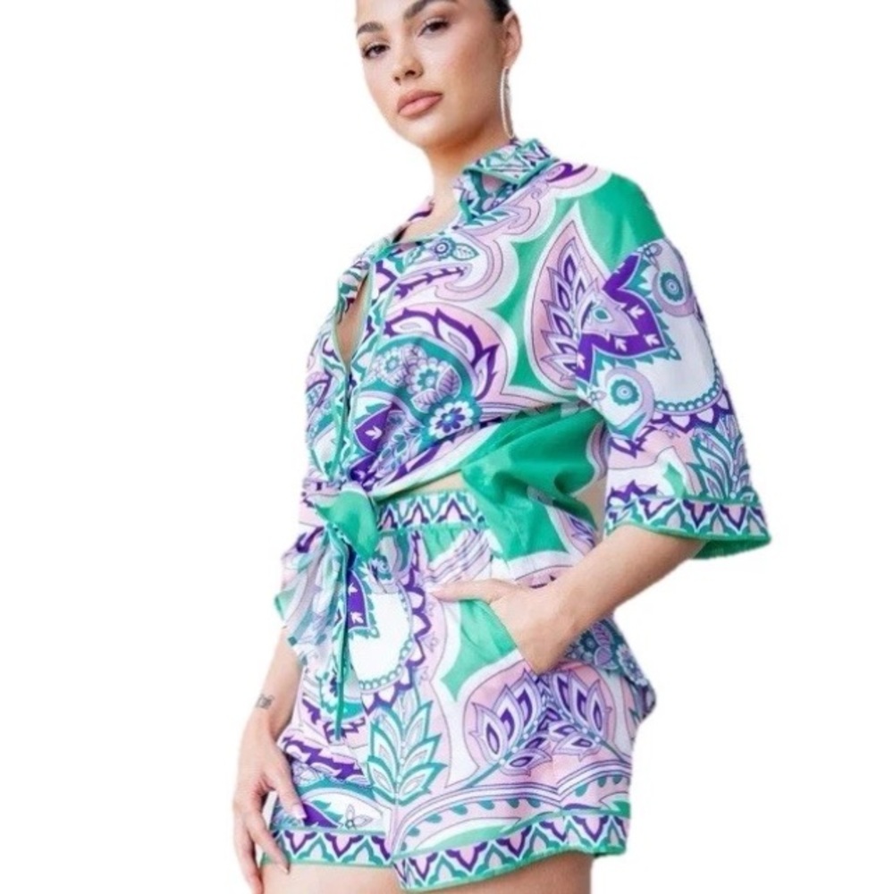 Style By GG Paisley Top Purple Pink Green White Button Up Half Sleeve Bl…
